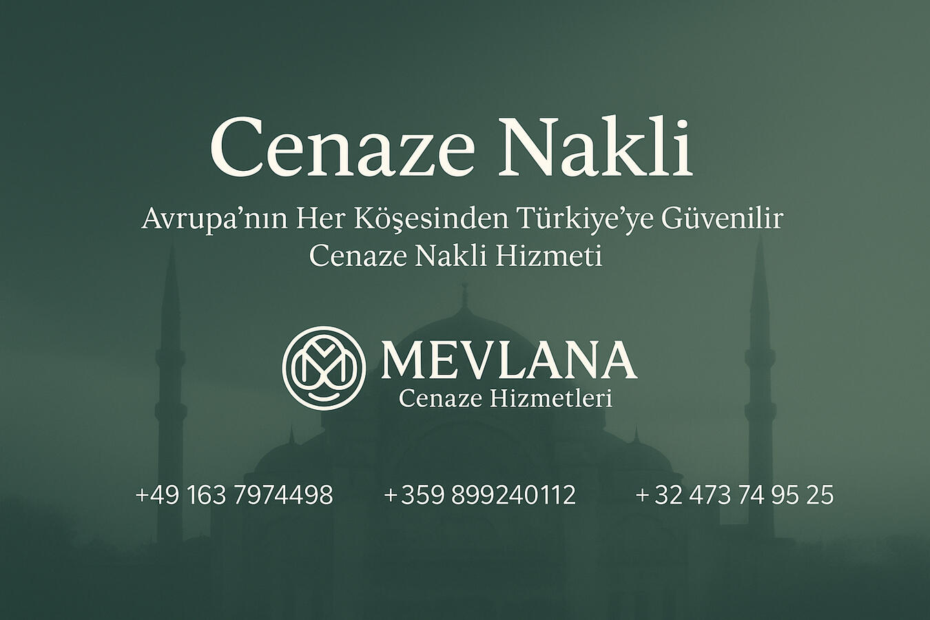 Cenaze Nakli Sürecinde Sunduğumuz Hizmetler Mevlana Cenaze Hizmetleri, yurt dışından Türkiye’ye cenaze nakli için A’dan Z’ye tüm işlemleri organize eder: 🕊️ Vefat Bildirimi ve Gerekli Belgelerin Hazırlanması Ölüm belgesi (Death Certificate) Konsoloslu